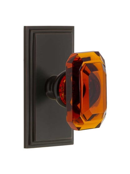 Grandeur Carre Rosette Door Set with Amber Crystal-Glass Baguette Knobs in Timeless Bronze.